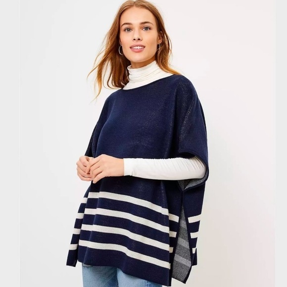 NWT Loft Navy & White Striped Poncho Wrap Sweater - Picture 1 of 6